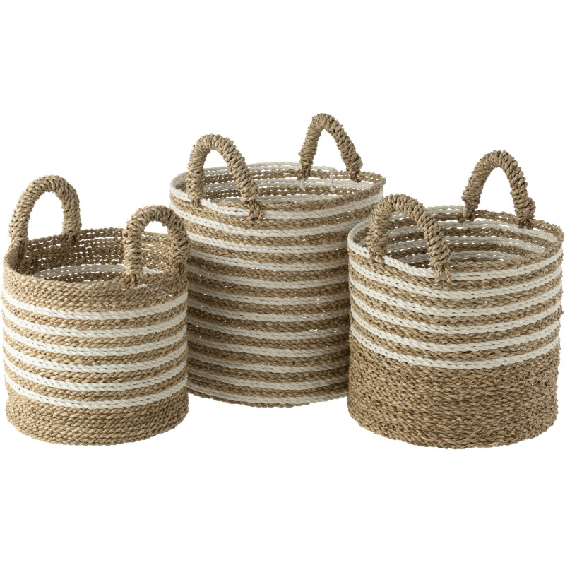 Paniers de rangement en raphia rayés naturel et blanc Lot de 3 - 1