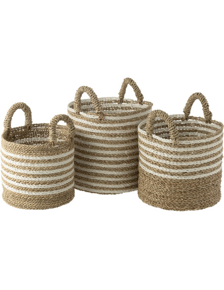 Paniers de rangement en raphia rayés naturel et blanc Lot de 3 - 1