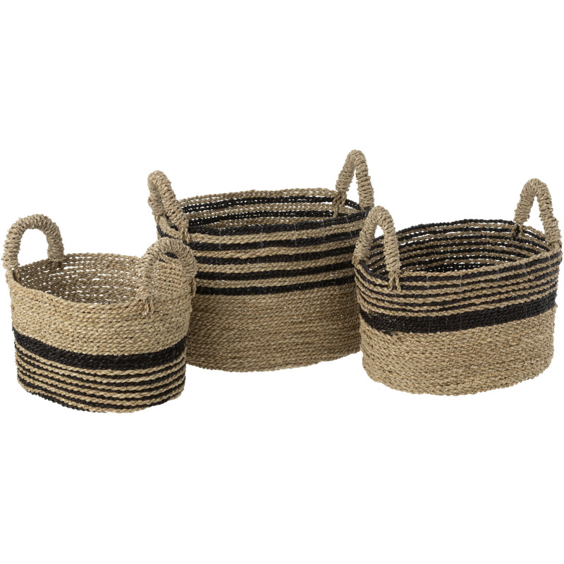 Paniers de rangement ovales raffia naturel et noir Set de 3 - 1