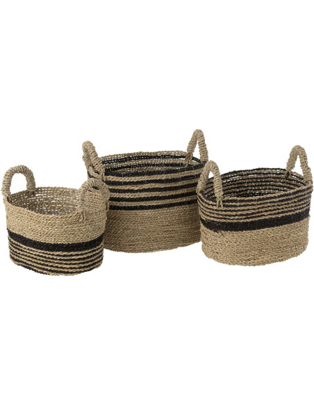 Paniers de rangement ovales raffia naturel et noir Set de 3 - 1