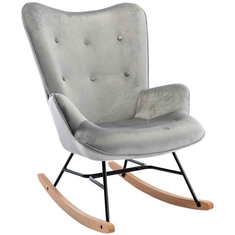 Fauteuil à bascule rétro chic Velours Gris Métal Noir Bois Naturel Warol - 1