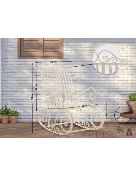 Fauteuil à bascule de jardin romantique vintage Métal Blanc crème Patiné Oryal - 2