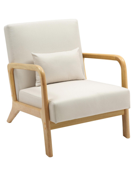 Fauteuil scandinave Tissu Blanc crème Bois d'hévéa Naturel Wirol - 1