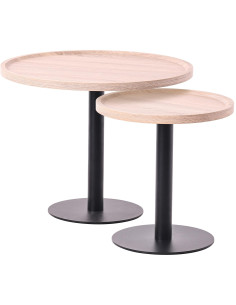 Table d'appoint gigogne industrielle chic Ronde Bois Marron chêne Métal Noir Mat Sonea - 1