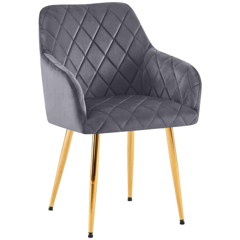 Fauteuil de table matelassé moderne en Velours Gris foncé Métal Doré Arvella - 1