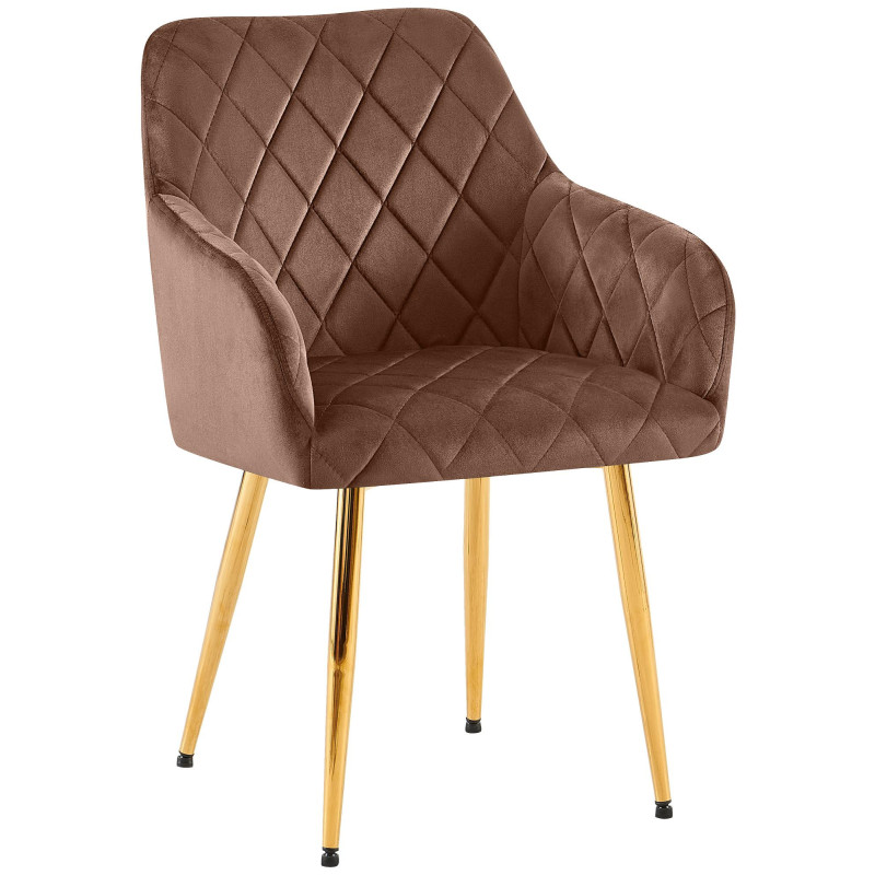 Fauteuil de table matelassé moderne en Velours Marron Métal Doré Arvella - 1