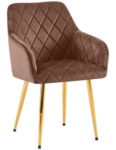 Fauteuil de table matelassé moderne en Velours Marron Métal Doré Arvella - 1