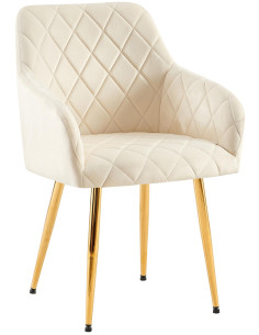 Fauteuil de table matelassé moderne en Velours Blanc crème Métal Doré Arvella - 1