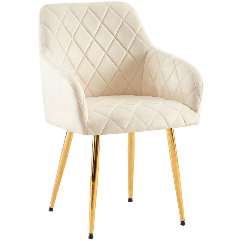 Fauteuil de table matelassé moderne en Velours Blanc crème Métal Doré Arvella - 1