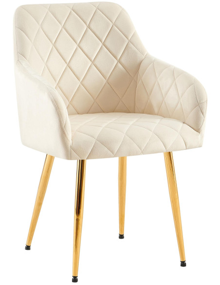 Fauteuil de table matelassé moderne en Velours Blanc crème Métal Doré Arvella - 1