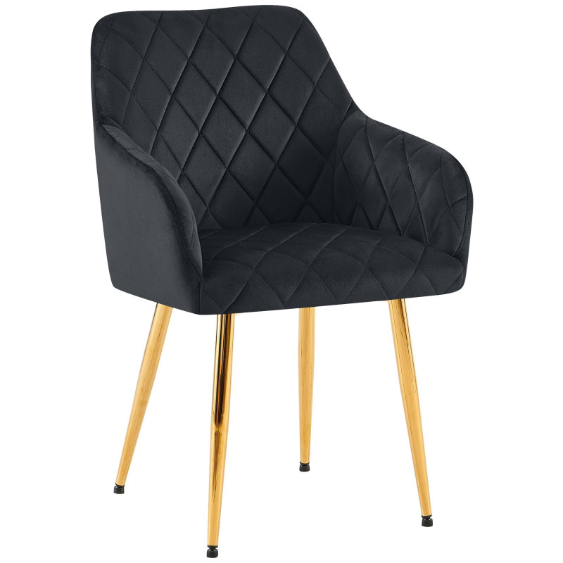 Fauteuil de table matelassé moderne en Velours Noir Métal Doré Arvella - 1