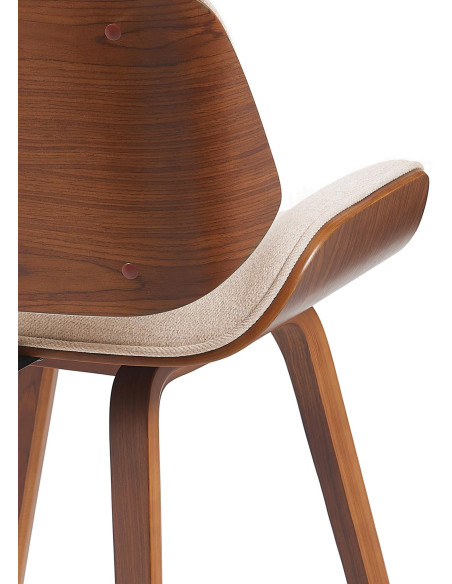 Chaise mid century moderne Tissu Blanc crème Bois Marron noyer Elios 