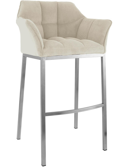 Tabouret de bar moderne chic Velours côtelé Blanc crème Acier inoxydable Argenté Oveya - 1
