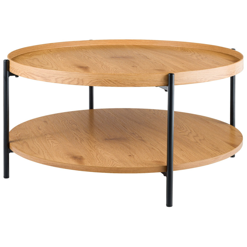 Table basse industrielle chic Ronde 1 étagère 80 cm Bois Naturel Métal Noir Dalex - 1
