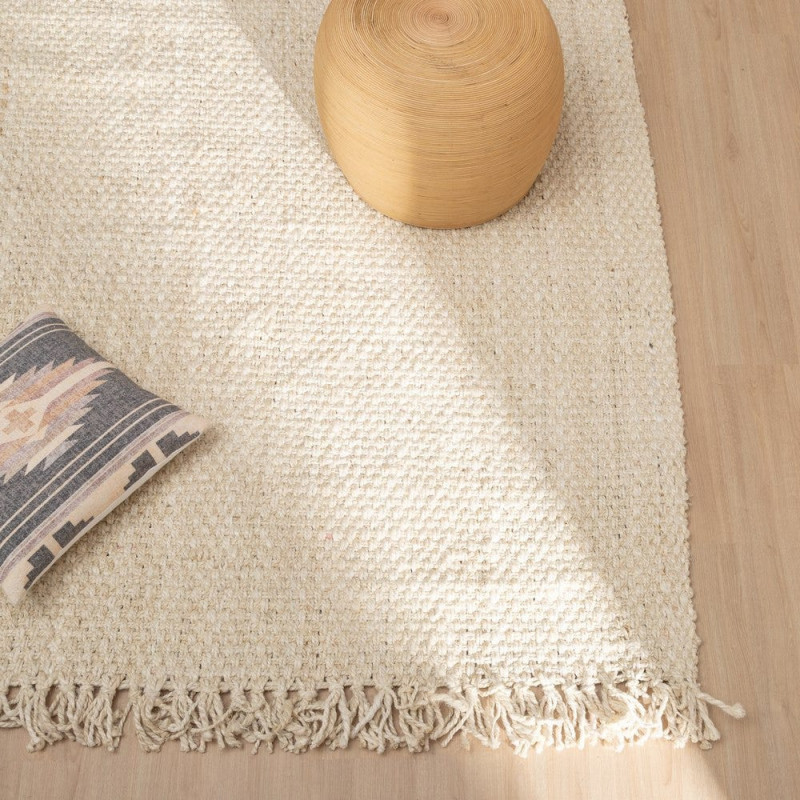 Grand Tapis bohème chic Rectangulaire 200x290 Blanc crème avec franges Narvi 