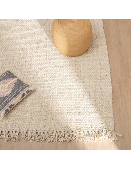 Grand Tapis bohème chic Rectangulaire 200x290 Blanc crème avec franges Narvi 