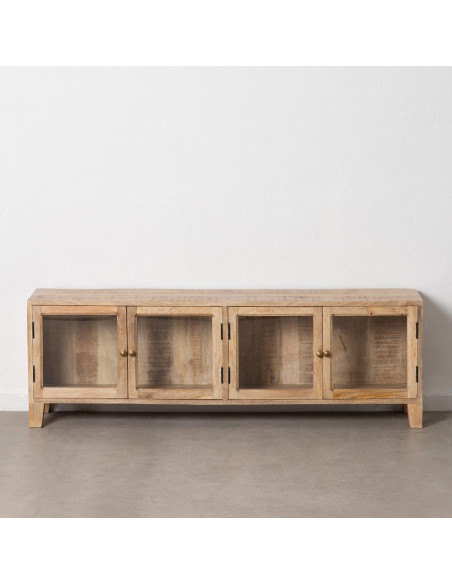 Meuble tv rustique chic 4 portes Blanc Patiné Verre Transparent Zinor - 8