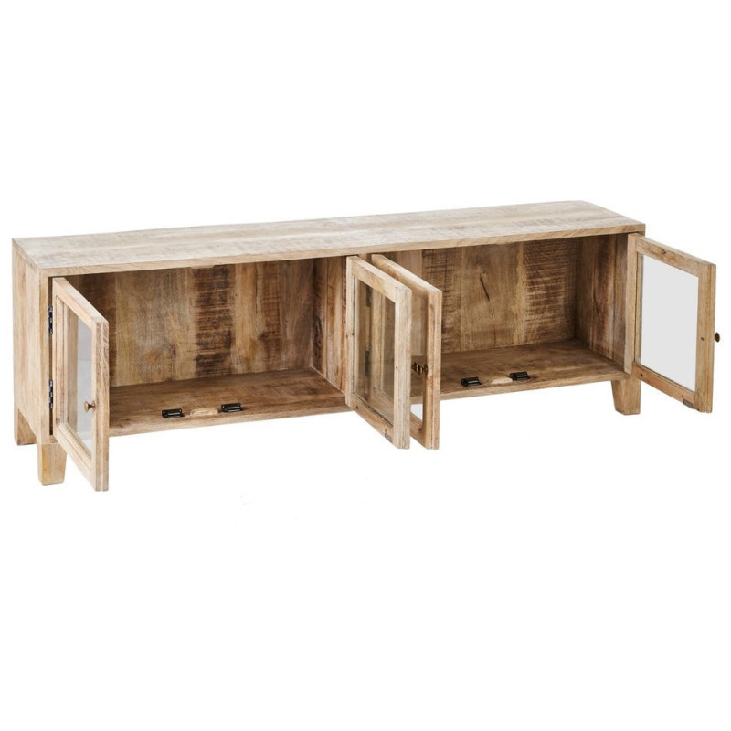 Meuble tv rustique chic 4 portes Blanc Patiné Verre Transparent Zinor - 2