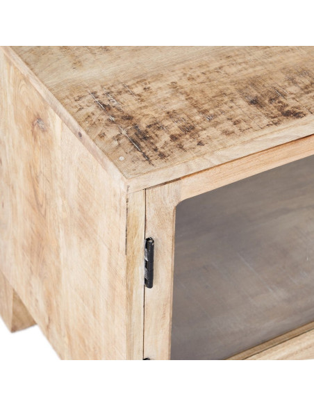 Meuble tv rustique chic 4 portes Blanc Patiné Verre Transparent Zinor - 3