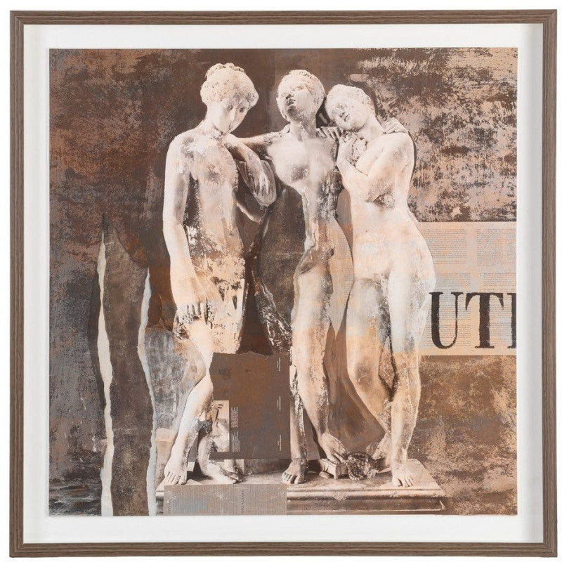 Grand Tableau mural moderne imprimé antique Les Trois Grâces Cadre PS marron effet bois 104x104 Gracias - 1