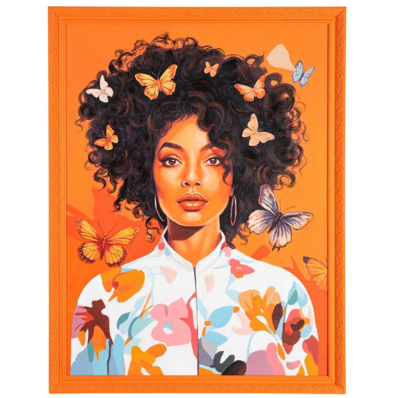 Grande Toile murale peinte pop Femme Papillons Cadre PS orange 100x130 Akril - 1