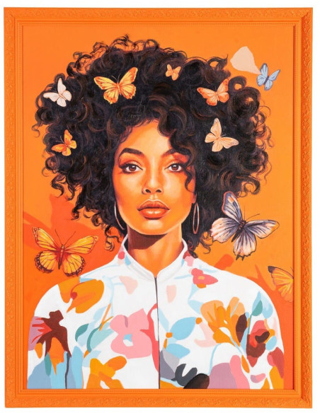 Grande Toile murale peinte pop Femme Papillons Cadre PS orange 100x130 Akril - 1
