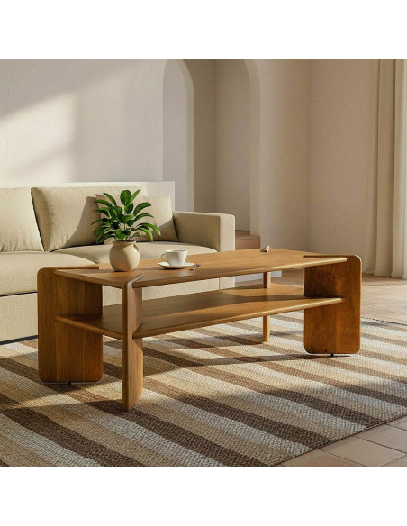 Grande Table basse Japandi Rectangulaire 1 étagère 121 cm Naturel Galt 