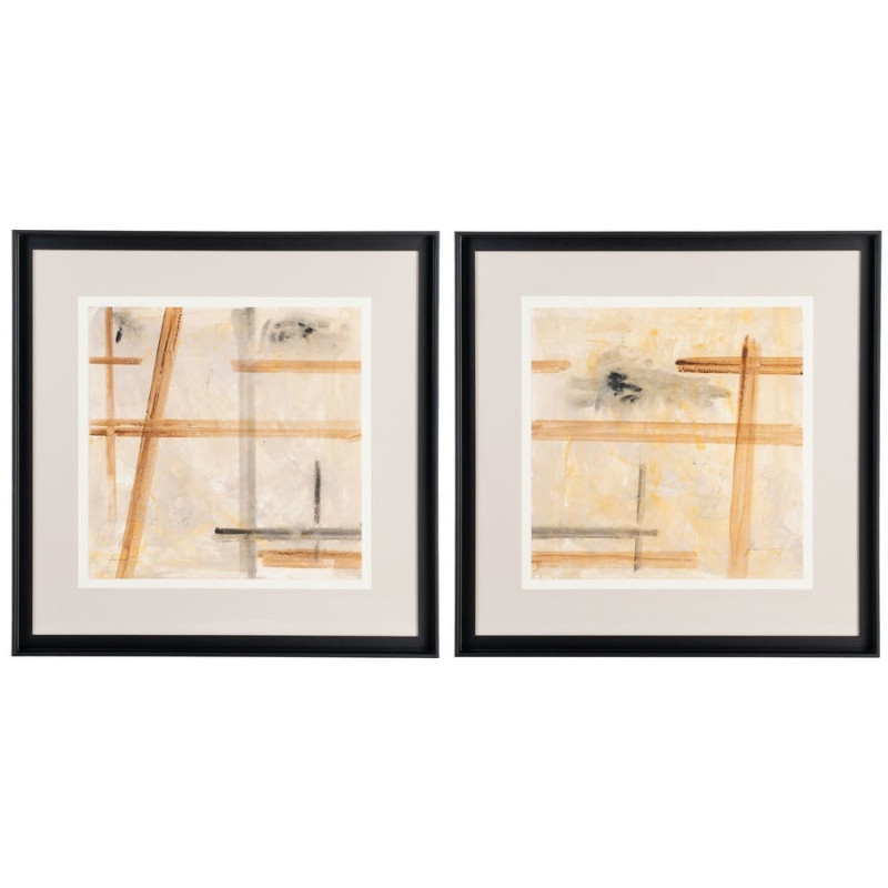Tableau mural peint sous verre abstrait Beige Ocre & Sable Cadre Bois d'ayous noir 80x80 Lyrik (Lot de 2) - 1