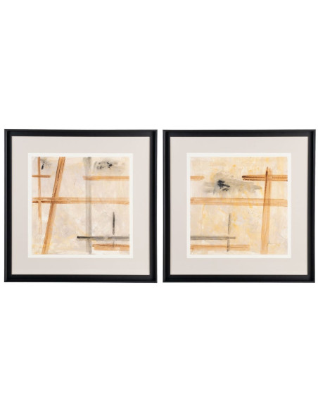 Tableau mural peint sous verre abstrait Beige Ocre & Sable Cadre Bois d'ayous noir 80x80 Lyrik (Lot de 2) - 1