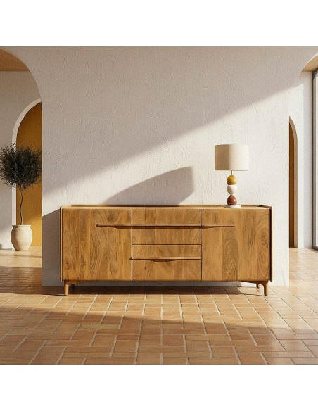 Buffet Japandi Bas 2 portes 2 tiroirs 160 cm Naturel Galt - 2