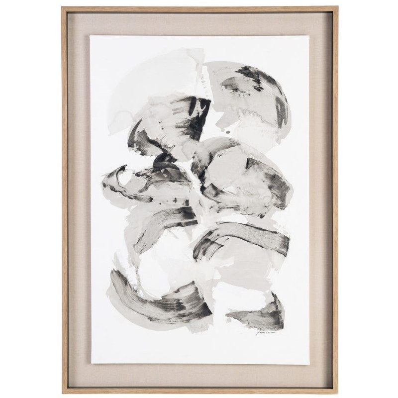 Toile murale peinte abstraite Coups de pinceau Noir Gris & Blanc Cadre Bois d'ayous naturel 98x132 Neril (Lot de 2) 