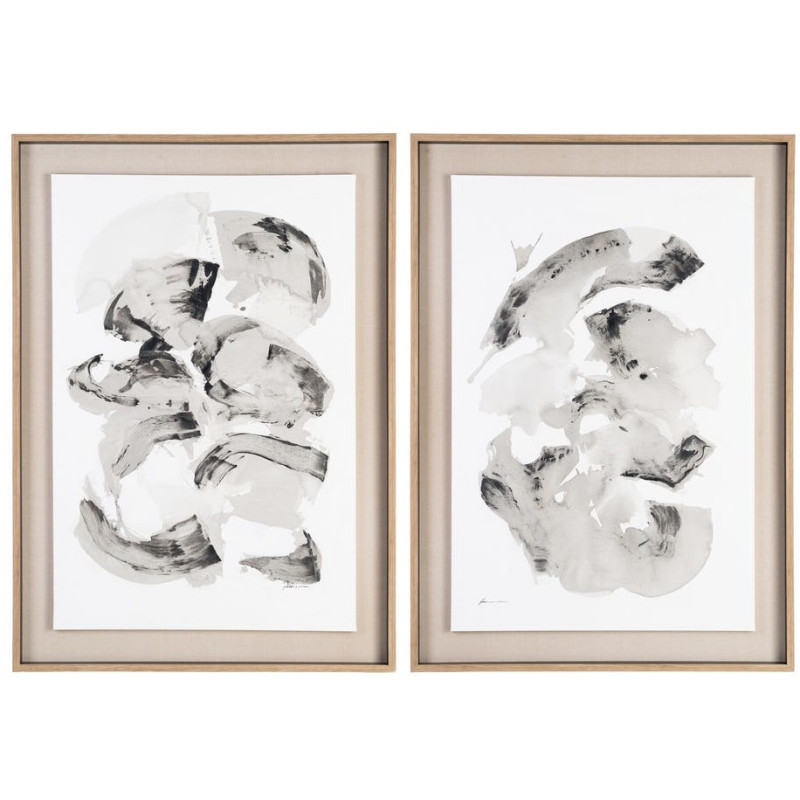 Toile murale peinte abstraite Coups de pinceau Noir Gris & Blanc Cadre Bois d'ayous naturel 98x132 Neril (Lot de 2)