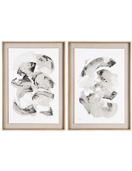 Toile murale peinte abstraite Coups de pinceau Noir Gris & Blanc Cadre Bois d'ayous naturel 98x132 Neril (Lot de 2)