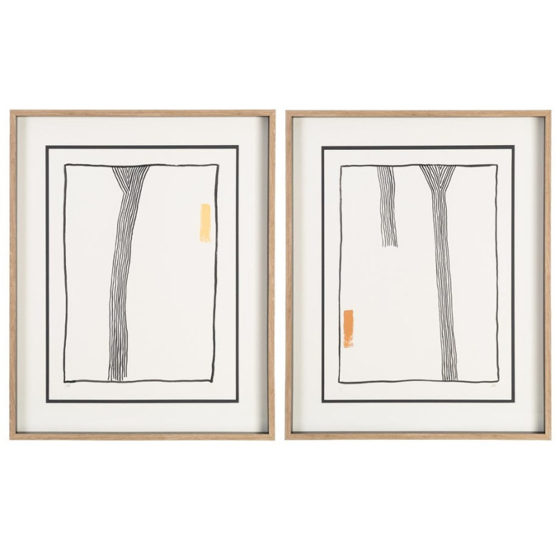Grand Tableau mural peint sous verre abstrait Blanc Noir & Orange Cadre Bois d'ayous naturel 80x100 Savon (Lot de 2)