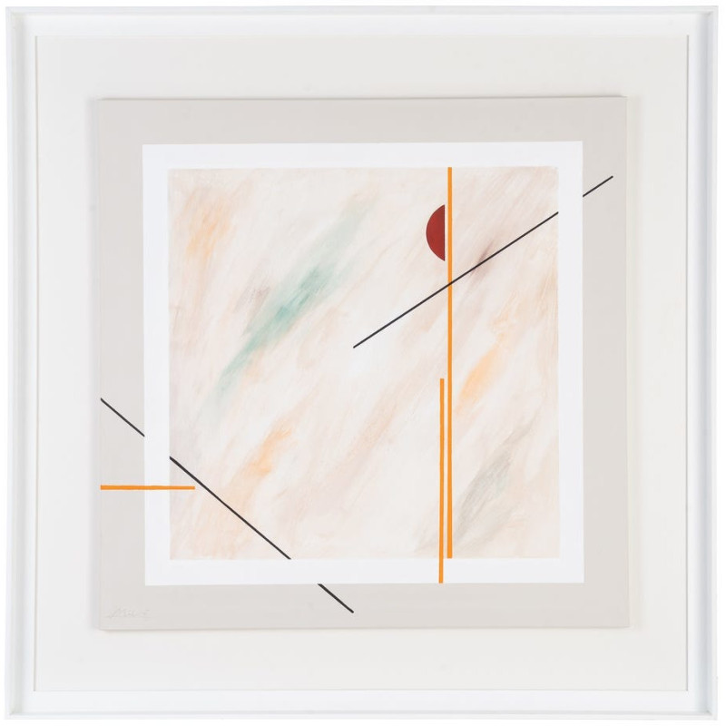 Toile murale peinte abstraite Lignes Beige Orange Bleu & Vert Cadre Bois d'ayous blanc 98x98 Torin (Lot de 2) 