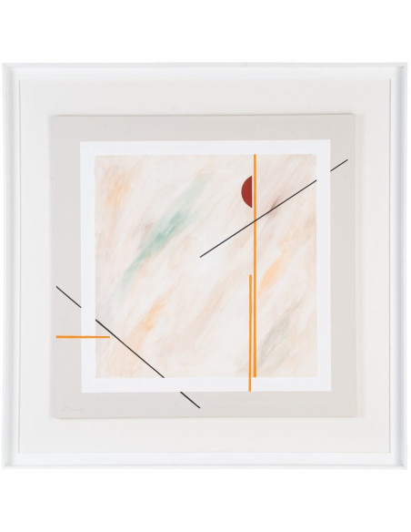 Toile murale peinte abstraite Lignes Beige Orange Bleu & Vert Cadre Bois d'ayous blanc 98x98 Torin (Lot de 2) 