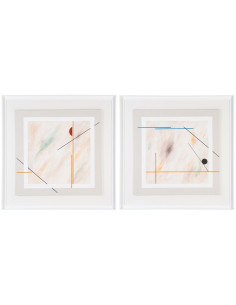 Toile murale peinte abstraite Lignes Beige Orange Bleu & Vert Cadre Bois d'ayous blanc 98x98 Torin (Lot de 2)