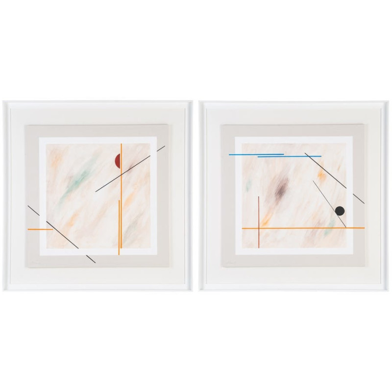 Toile murale peinte abstraite Lignes Beige Orange Bleu & Vert Cadre Bois d'ayous blanc 98x98 Torin (Lot de 2)