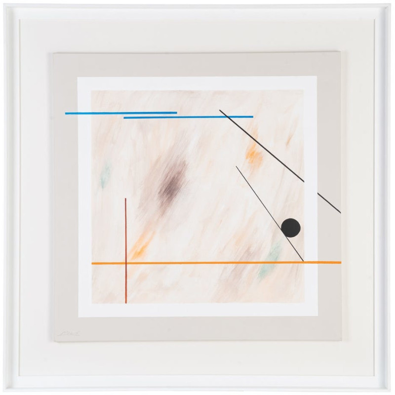 Toile murale peinte abstraite Lignes Beige Orange Bleu & Vert Cadre Bois d'ayous blanc 98x98 Torin (Lot de 2) 