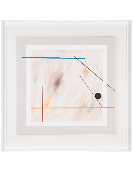 Toile murale peinte abstraite Lignes Beige Orange Bleu & Vert Cadre Bois d'ayous blanc 98x98 Torin (Lot de 2) 