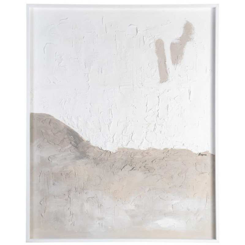 Grande Toile murale peinte abstraite relief Blanc crème Taupe & Grège Cadre Bois d'ayous blanc 130x160 Onvan