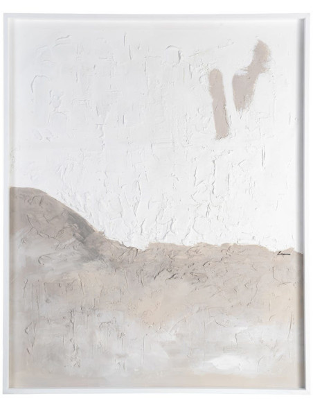 Grande Toile murale peinte abstraite relief Blanc crème Taupe & Grège Cadre Bois d'ayous blanc 130x160 Onvan