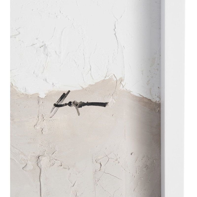 Grande Toile murale peinte abstraite relief Blanc crème Taupe & Grège Cadre Bois d'ayous blanc 130x160 Onvan 