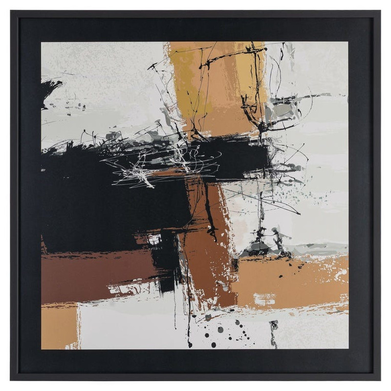 Tableau mural sous verre abstrait Noir Marron & Ocre Cadre MDF noir 73x73 Osvin