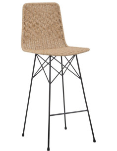 Tabouret de bar extérieur bohème Naturel Tressé Métal Noir Vaeli 