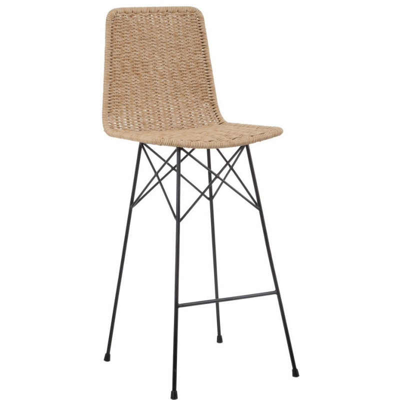 Tabouret de bar extérieur bohème Naturel Tressé Métal Noir Vaeli 