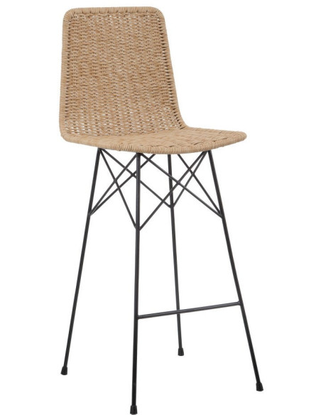Tabouret de bar extérieur bohème Naturel Tressé Métal Noir Vaeli 