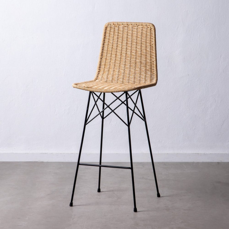 Tabouret de bar extérieur bohème Naturel Tressé Métal Noir Vaeli 