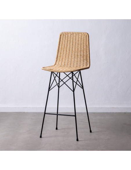 Tabouret de bar extérieur bohème Naturel Tressé Métal Noir Vaeli 