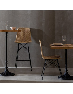 Tabouret de bar extérieur bohème Naturel Tressé Métal Noir Vaeli 